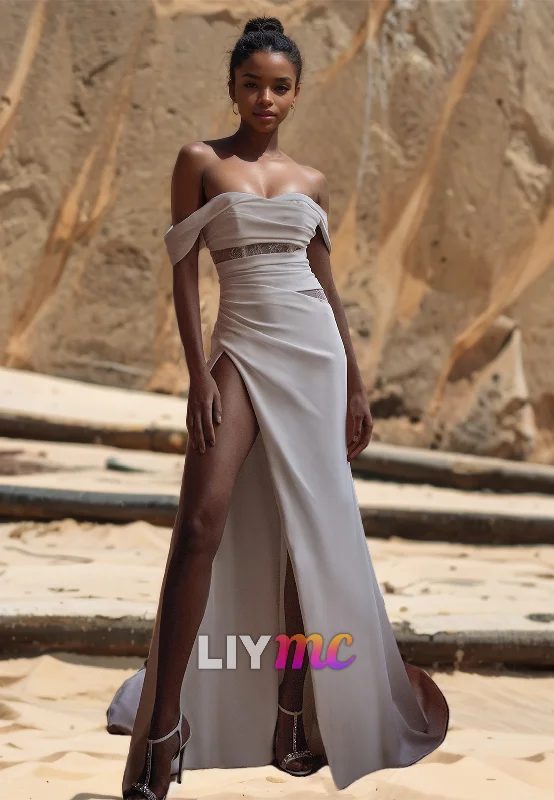 End Of Season Sale Off-Shoulder Strapless Pleated Ruched High Slit Sheath Beach Wedding Dress