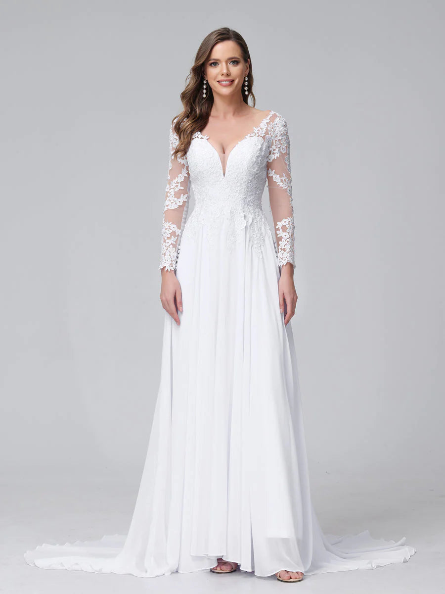 Elegant Clothing A-Line V-Neck Long Sleeves Long Chiffon Wedding Dresses With Lace Applique