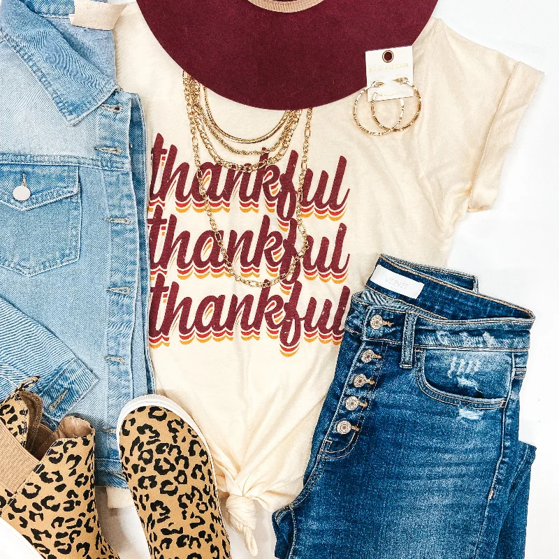 Women's Clothing Online Thankful Retro Writing Short Sleeve Graphic Tee in Ivory