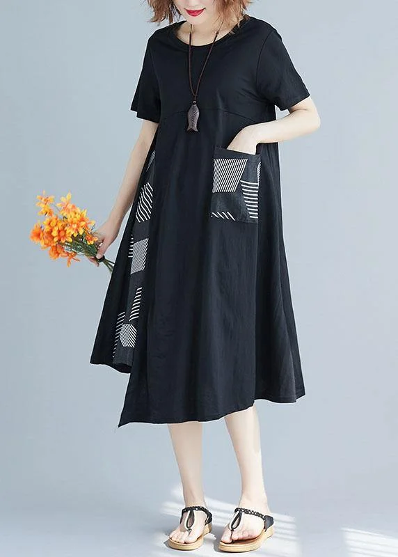 Relaxed Fashion Handmade o neck Cotton clothes For Women Sleeve patchwork black prints Dress summer