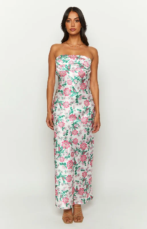 Fashion Forward Femininity Astra Strapless Floral Satin Midi Dress