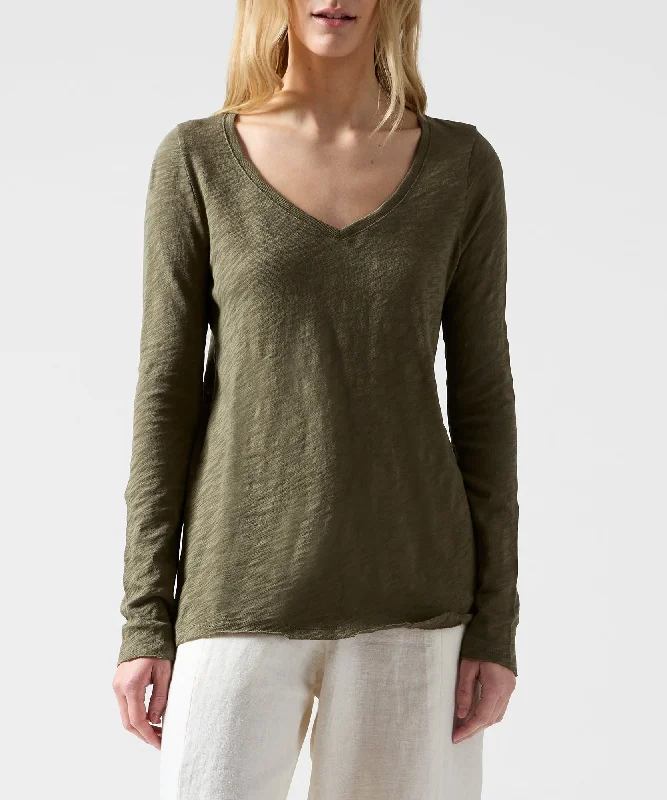 Style Breakthroughs Slub Jersey Long Sleeve V-Neck Tee - Army