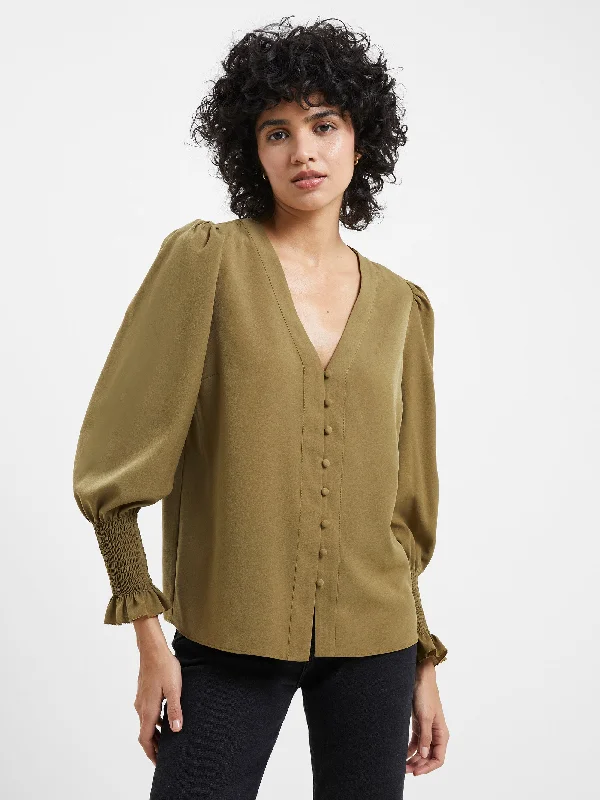 Shop Our Looks Crepe V-Neck Smocked Sleeve Blouse