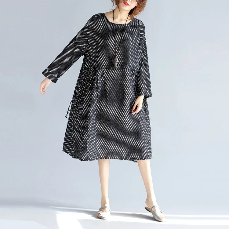 Fashion Forward Fine black Midi-length cotton linen dress Loose fitting linen cotton dress vintage long sleeve large hem O neck tunic natural cotton linen dress