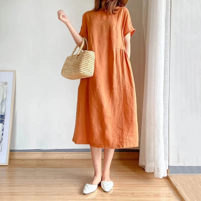 Women Online Clothing Boutiques Orange Casual Chic O-Neck Loose Pullover Korean Mid-Calf Spring Midi Dresses