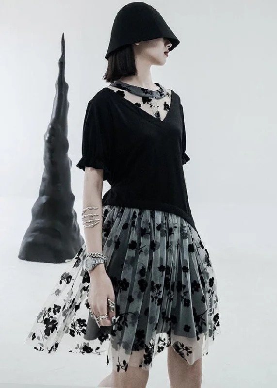 Bold Prints Casual Chic Black White Tulle Patchwork Cotton Streetwear Dresses Print Short Sleeve