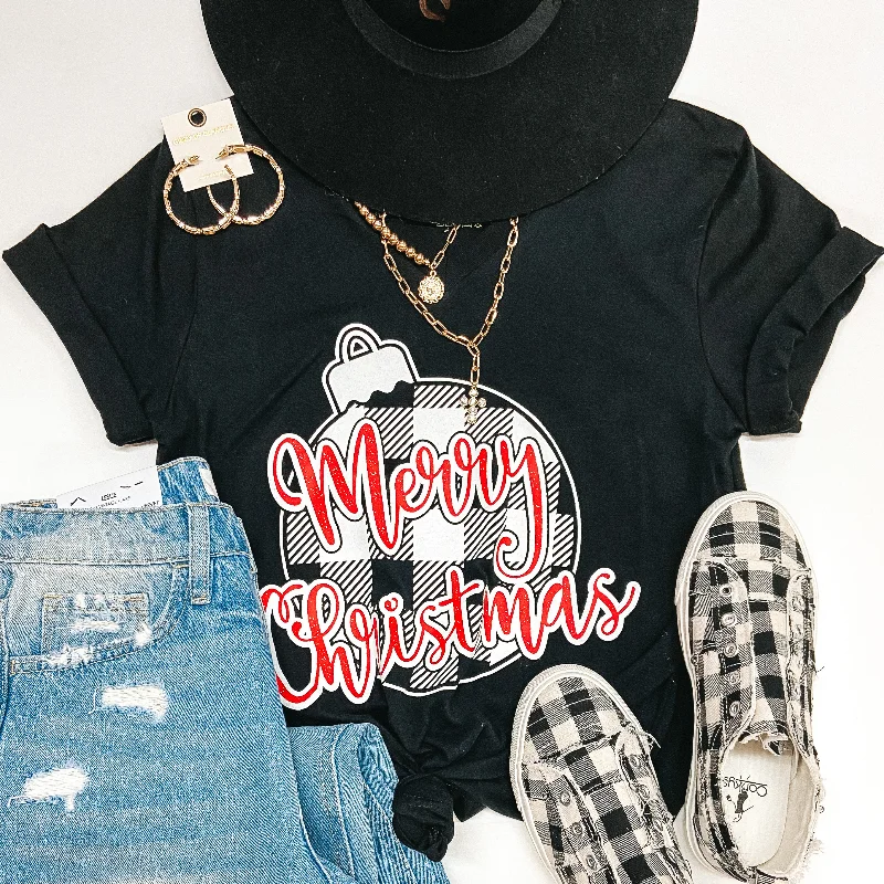 Women's Trendy Outfits Last Chance Size Small | Merry Christmas in Buffalo Plaid Ornament Short Sleeve Graphic Tee in Black