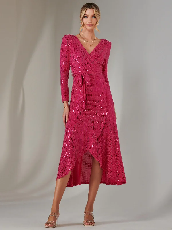 Mega Sale Long Sleeve Metallic Spot Maxi Dress, Fuschia