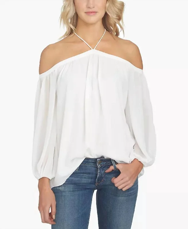 Trendy Attire For Her Off The Shoulder Cold Shoulders Halter Neck Blouse In White