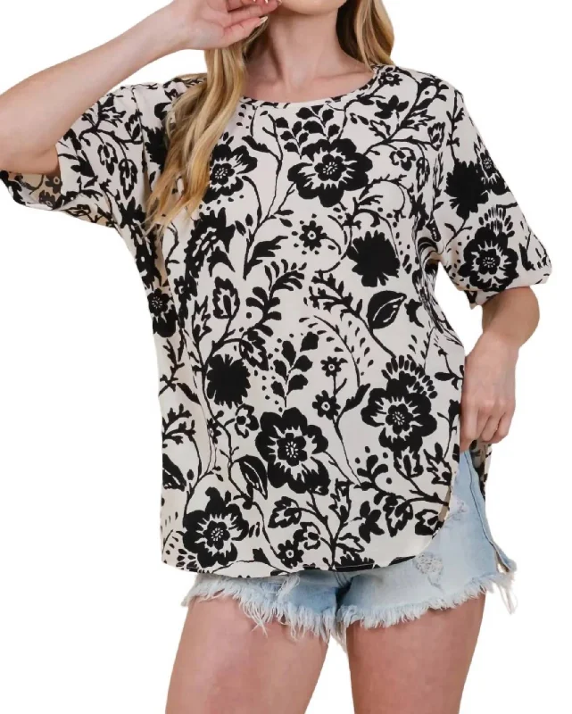 Fashion Frontiers Floral Short Sleeve Top In Black/ivory