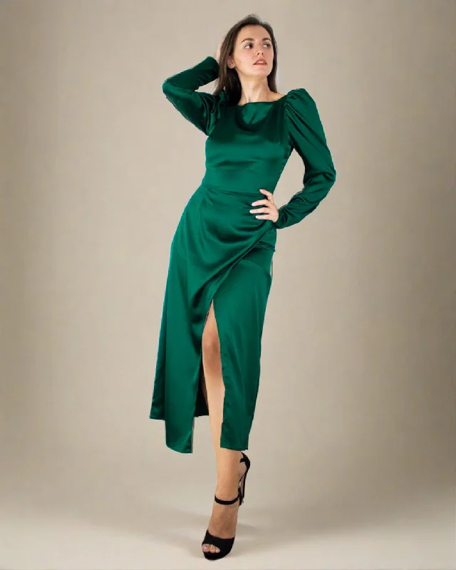 Casual Fashion Inara Midi Dress - Satin Long Sleeve Emerald Green Dress