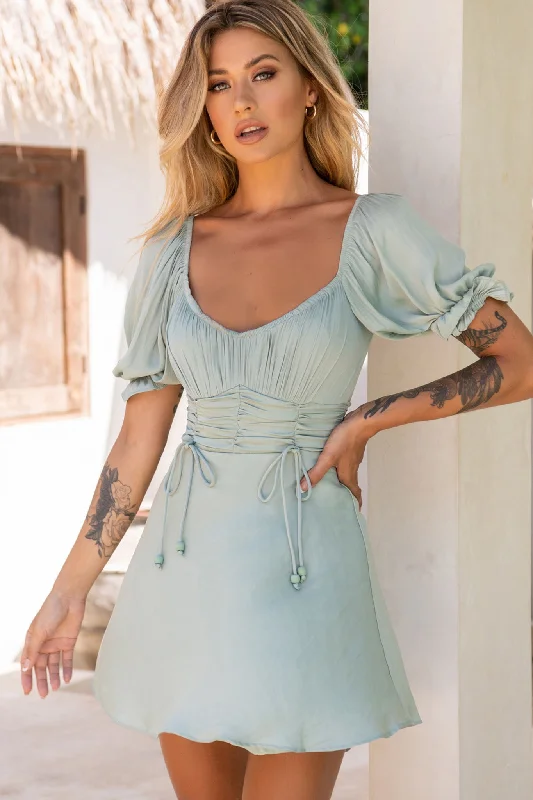 Vintage Style Clothing Sale Bright Side Off-Shoulder Puff Sleeve Dress Pistachio