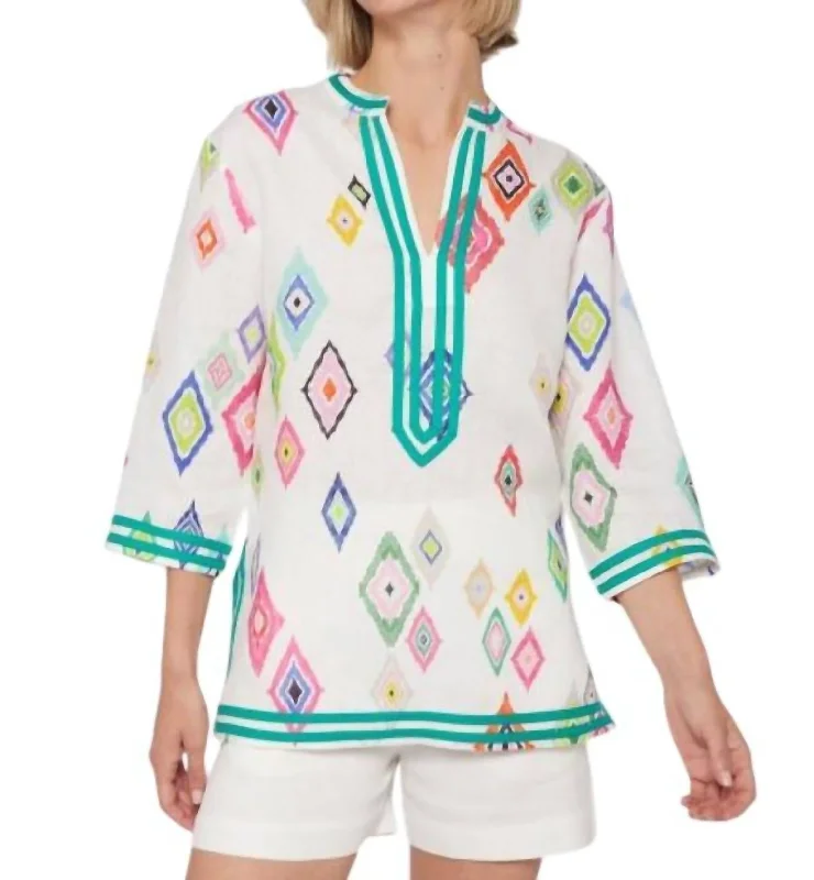 Trendy Styles Ikat Linen Blouse In White Multi