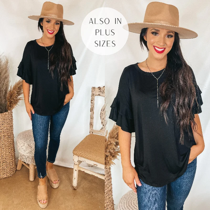 Chic Casual Wardrobe Essentials Set The Standard Solid Short Sleeve Top with Ruffled Sleeves in Black