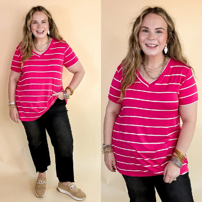 Big Sale Event Keep Things Casual Striped V Neck Tee in Fuchsia