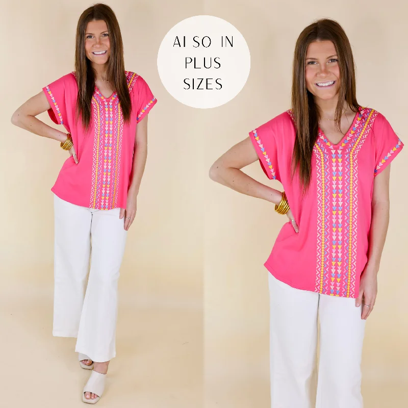 Laid-Back Elegance Paradise Found Embroidered Short Sleeve Top with V Neckline in Pink