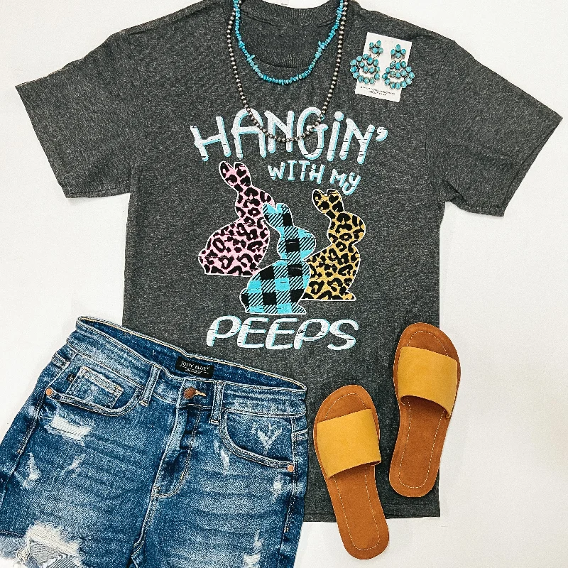 Relaxed Style Hangin' With My Peeps Mixed Print Easter Graphic Tee in Charcoal Grey