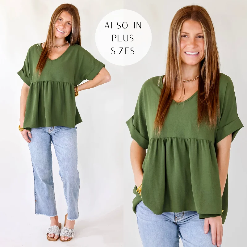 Colorful Clothing Last Chance Size Small | Touring the City Short Sleeve V Neck Babydoll Top in Olive Green