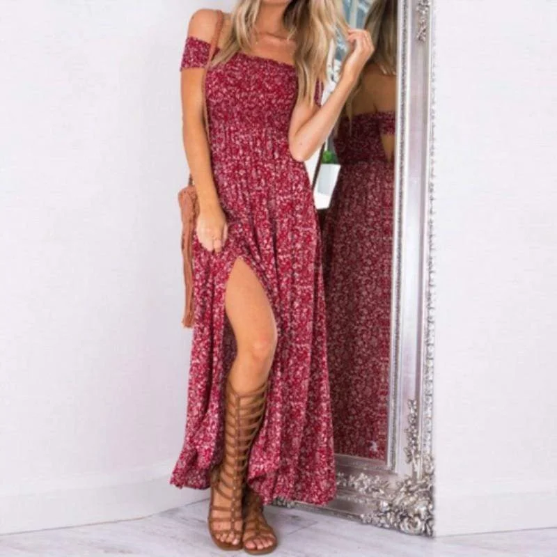 Trendy Women's Dresses Online FashionSierra - New Fashion Women Boho Off shoulder High Waist Short Sleeve Maxi Dress Ladeis Summer Floral Beach Casual Long Sundress