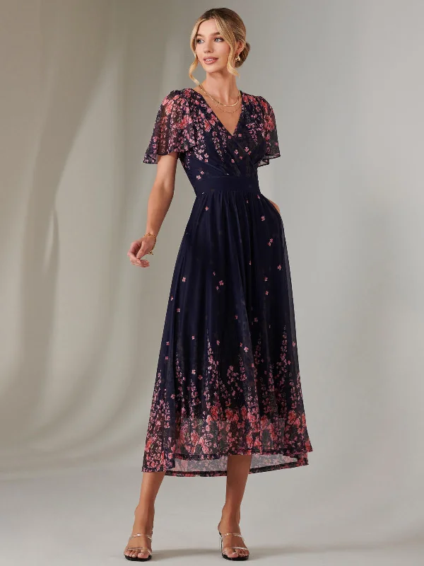 Sale For Women Wrap Maxi Dress, Navy Pink Multi