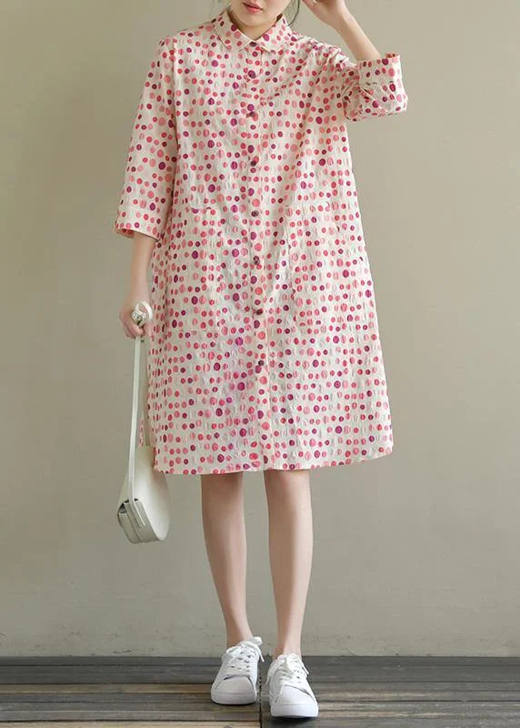 Stylish Looks Elegant lapel pockets Cotton dress pink dotted Dress summer