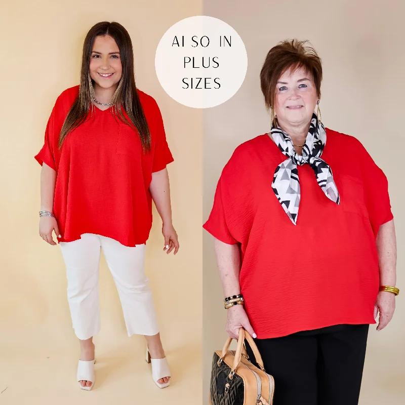 Women's Online Boutique Plus Sizes | Try To Resist Short Sleeve V Neck Top with Front Pocket in Red