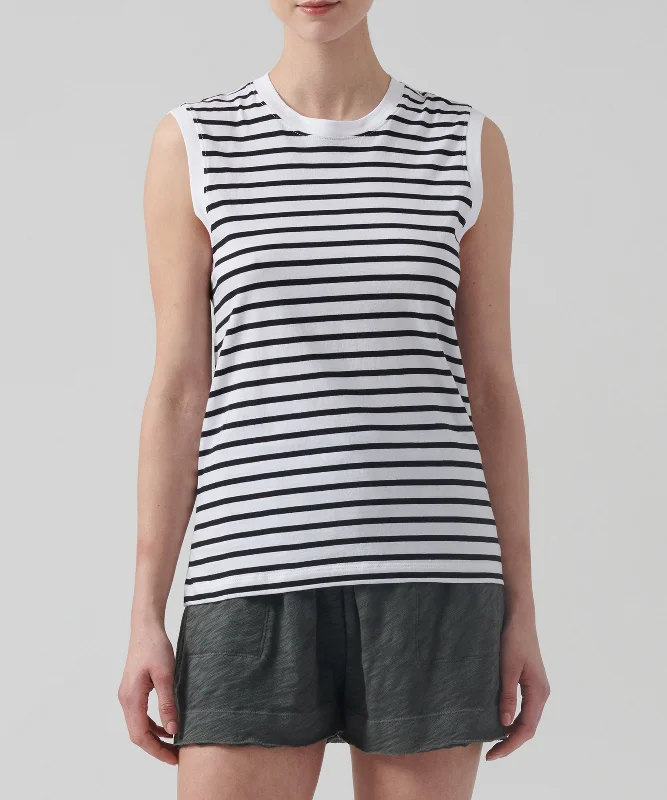 Redefining Women's Style Classic Jersey Sleeveless Boy Tee - Black/ White Stripe