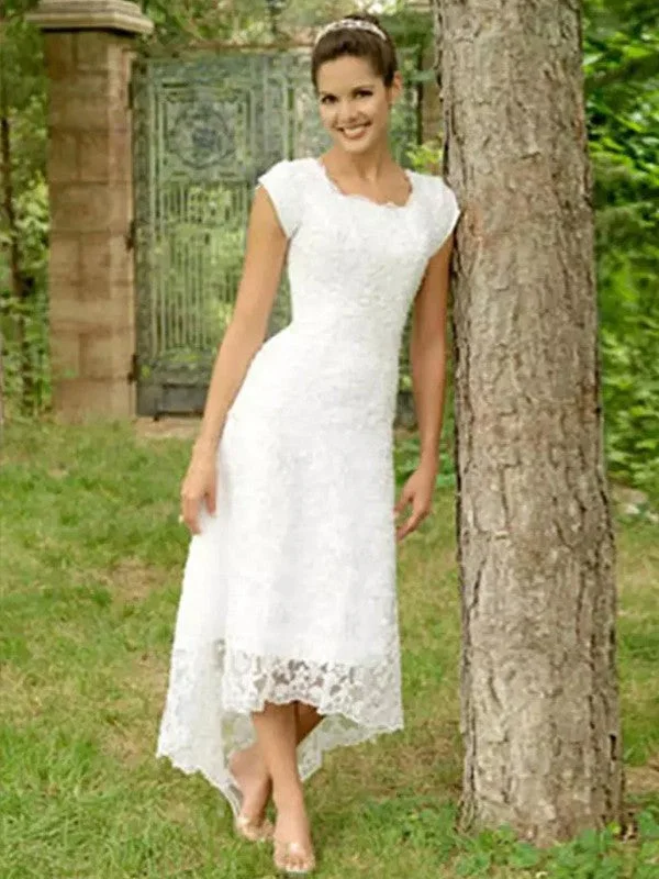 Fashion Women's Clothing Wedding Dresses Princess Lace Short Sleeves Asymmetrical