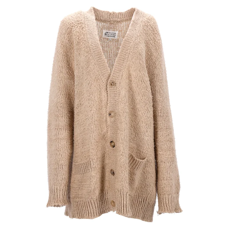 Boho Chic Fashion Maison Margiela V-Neck Brushed Cardigan in Beige Linen