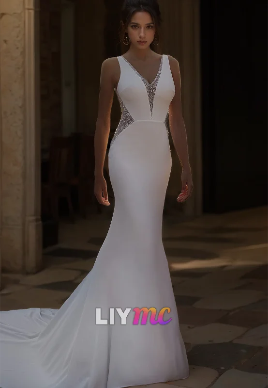 Everyday Wear V-Neck Sleeveless Sleek Satin Beaded Mermaid Wedding Dress