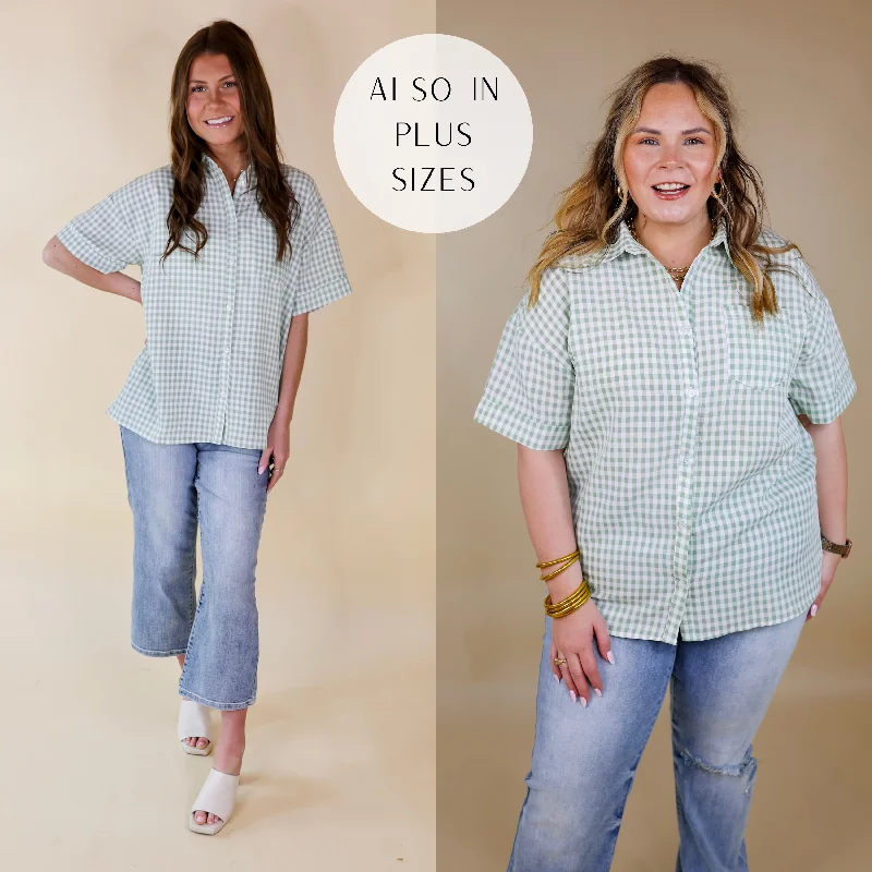 Premium Fabrics What A Rush Button Up Gingham Short Sleeve Top in Sage Green