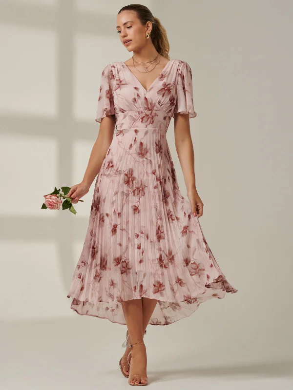 Chic And Trendy Chelsea Pleated Chiffon Dip Hem Maxi Dress, Pink Floral