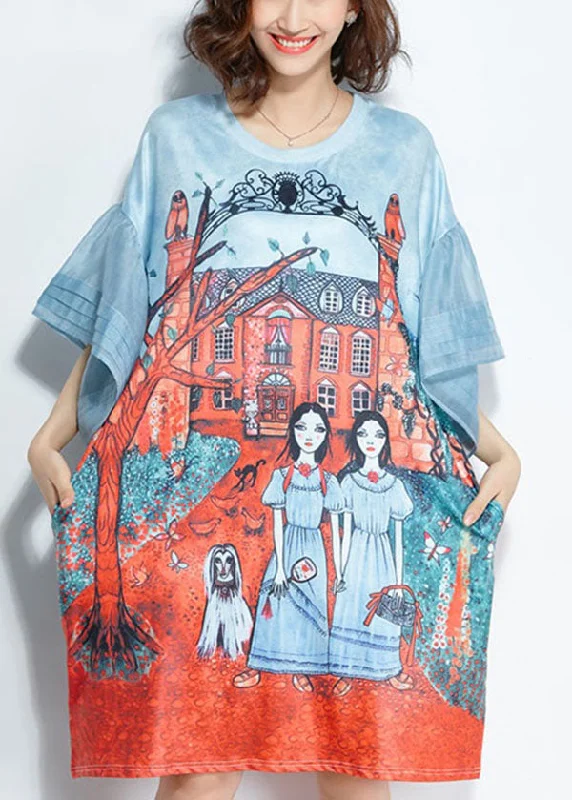 Big Savings Italian Light Blue O-Neck Pocket Character Print Silk Mid Dresses Flare Sleeve