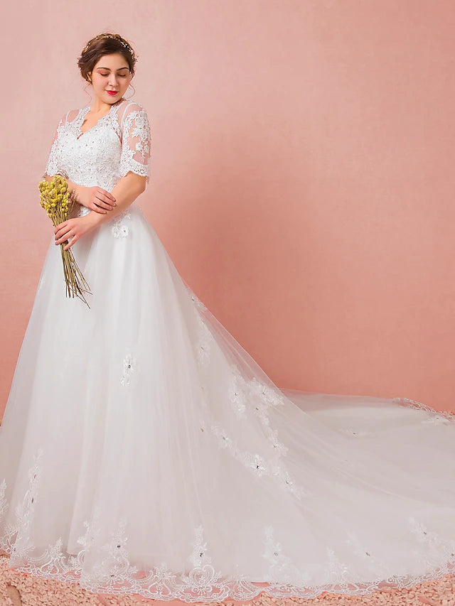 Wardrobe Update Hall Wedding Dresses Watteau A-Line Half Sleeve V Neck Satin With Lace Crystals