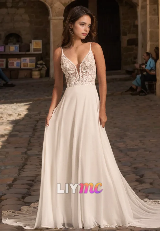 Athleisure Wear V-Neck Spaghetti Straps Lace Appliques Sleek A-Line Beach Wedding Dress