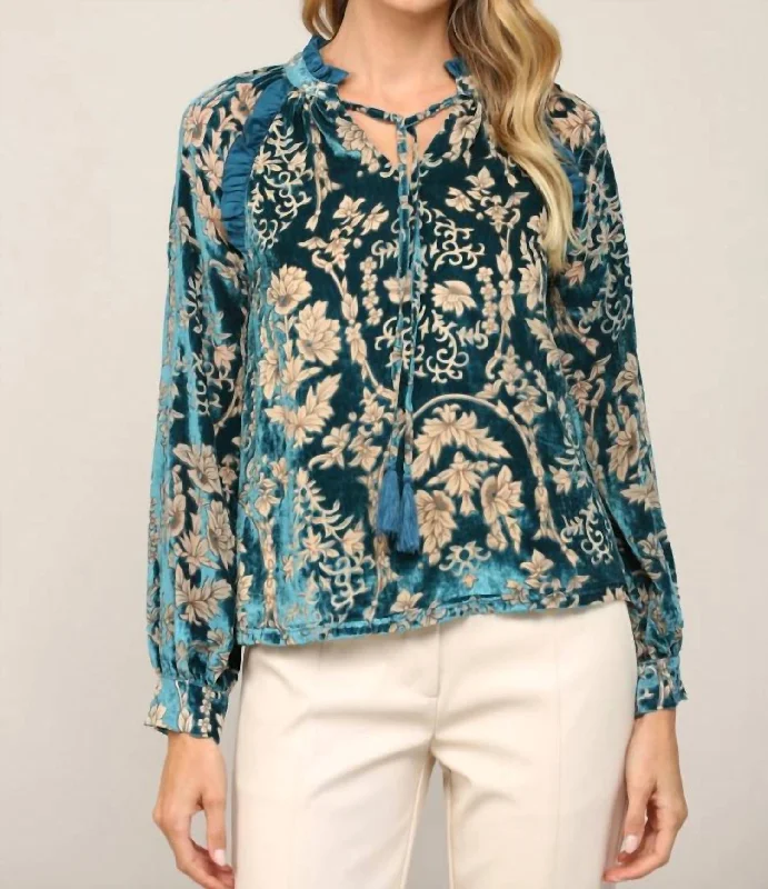 Trend Forward Women's Wear Burnout Velvet Blouse In Teal