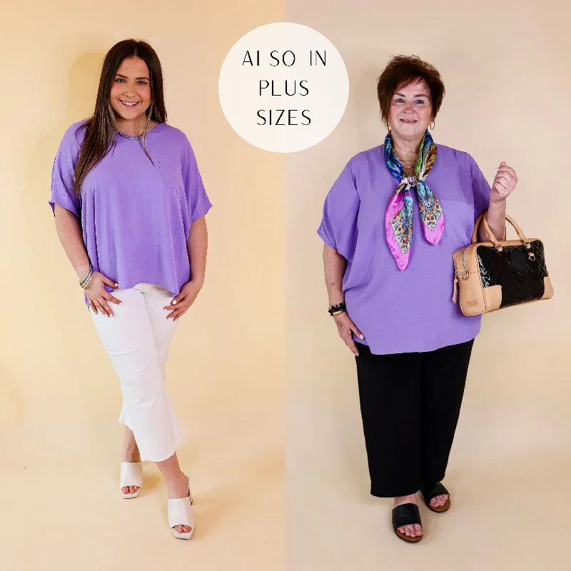 Online Boutiques Best Try To Resist Short Sleeve V Neck Top with Front Pocket in Lavender Purple