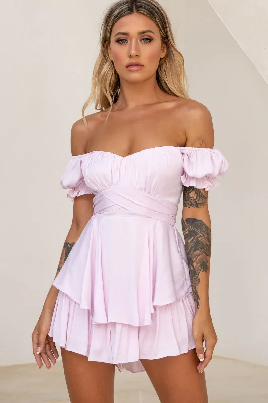 Effortless Chic Apparel Linka Off-Shoulder Tie Back Romper Light Lilac