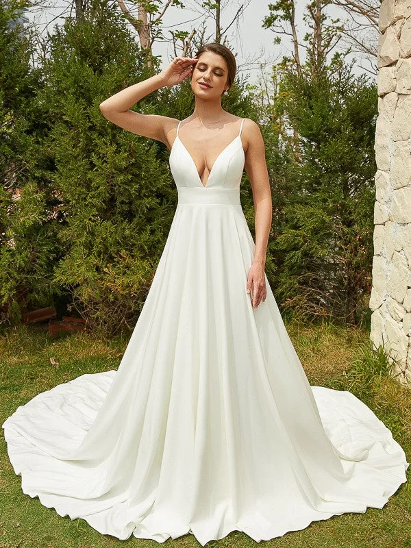 Hot Trends A-Line/Princess Stretch Crepe Lace V-neck Sleeveless Cathedral Train Wedding Dresses