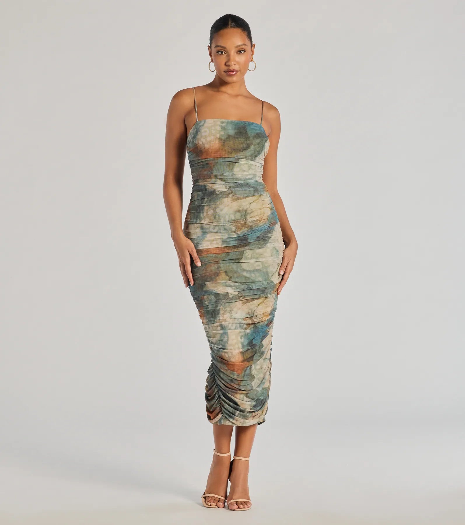 Trendy Street Style Muse Dream Abstract Print Ruched Midi Dress