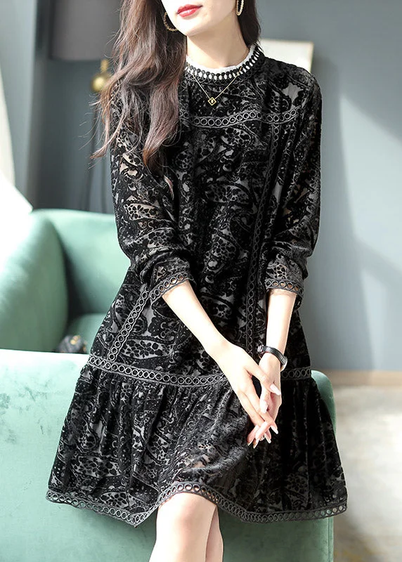 Women's Clothing Stores Women Black O-Neck Crochet Velour Pleated Dresses Long Sleeve