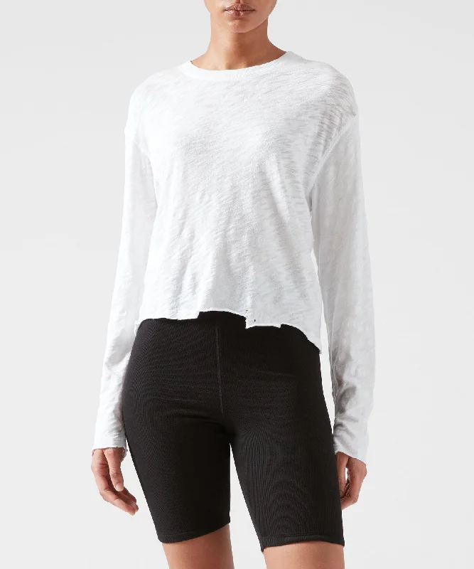 Gorgeous Glamour Collection Slub Jersey Long Sleeve Destroyed Wash Crop Tee - White