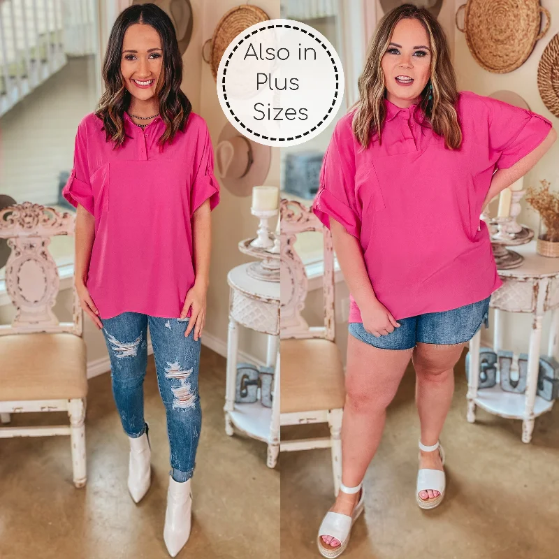 Big Discounts Chic Status Button and Collared Neckline Short Sleeve Top in Fuchsia