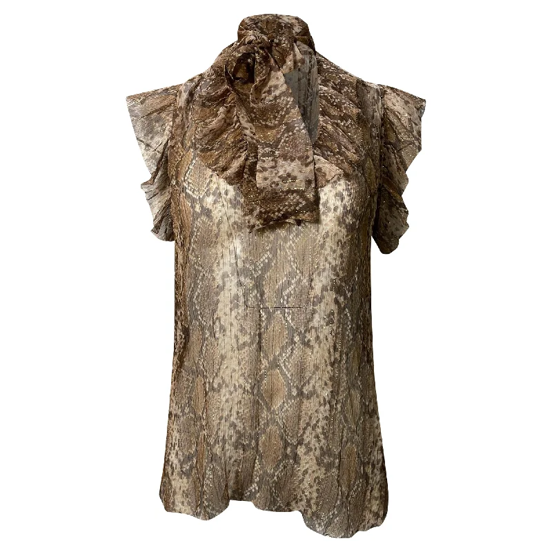 Contemporary Women's Clothing Zimmermann Snakeskin Print Tie Neck Sleeveless Blouse in Brown Silk