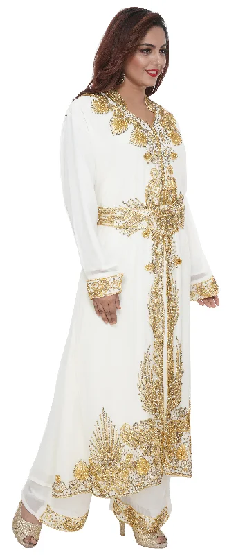 Women's Evening Wear Kaftan Dress V-Neck with Collar with Golden Embroidery