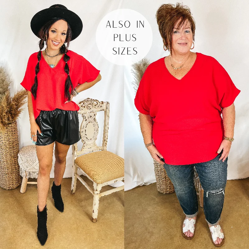 Best Deals Of The Season Last Chance Size Small | Lovely Dear V Neck Short Sleeve Solid Top in Red