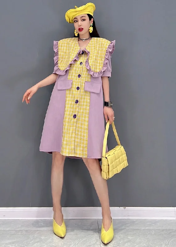 Clothes Women Style Yellow Peter Pan Collar Ruffles Patchwork Plaid Chiffon Vacation Dress Short Sleeve