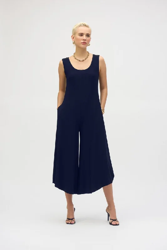 Elegant Styles Joseph Ribkoff Midnight Blue Silky Knit Wide-Leg Sleeveless Jumpsuit