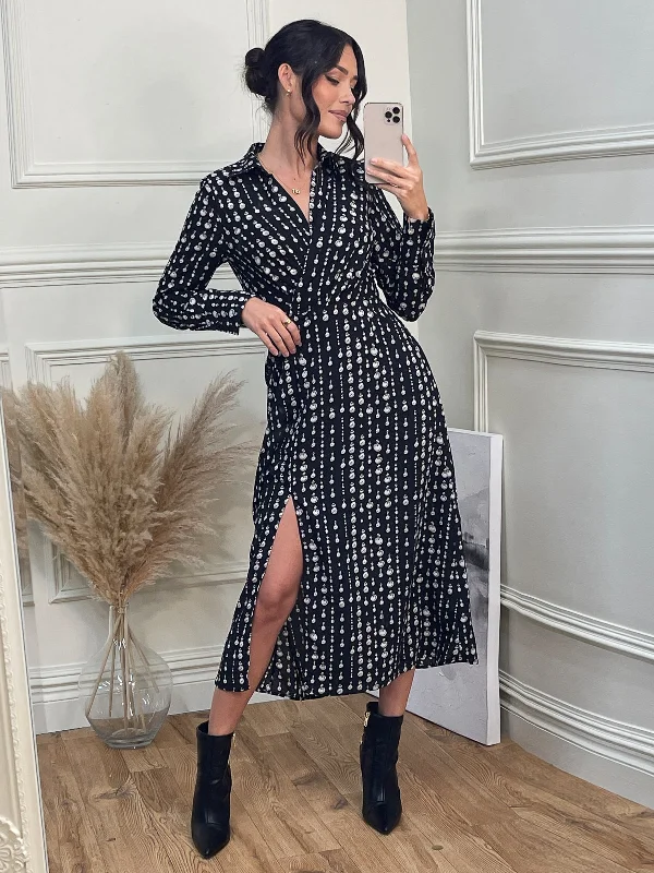 Casual Dresses for Women Wrap Detail Shirt Maxi Dress, Black Pattern