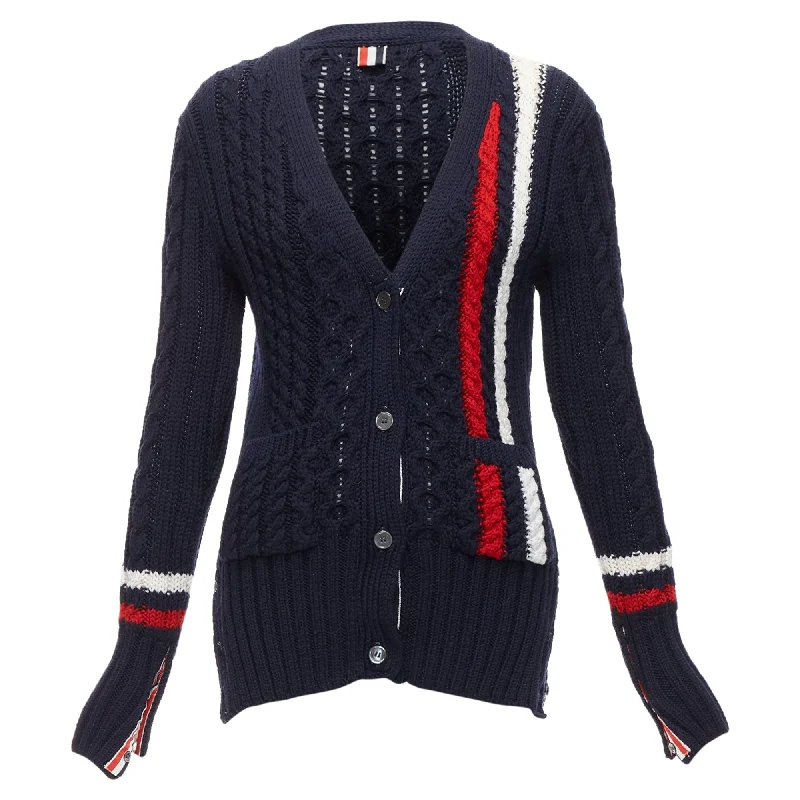 Casual Chic Thom Browne Wool Aran Cable Knit Cardigan Sweater